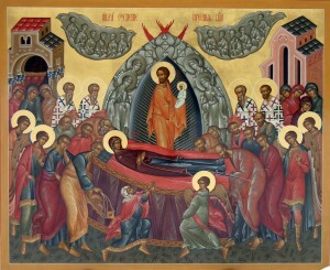 Ра́дуйся, Обра́дованная, во Успе́нии Твое́м нас не оставля́ющая.